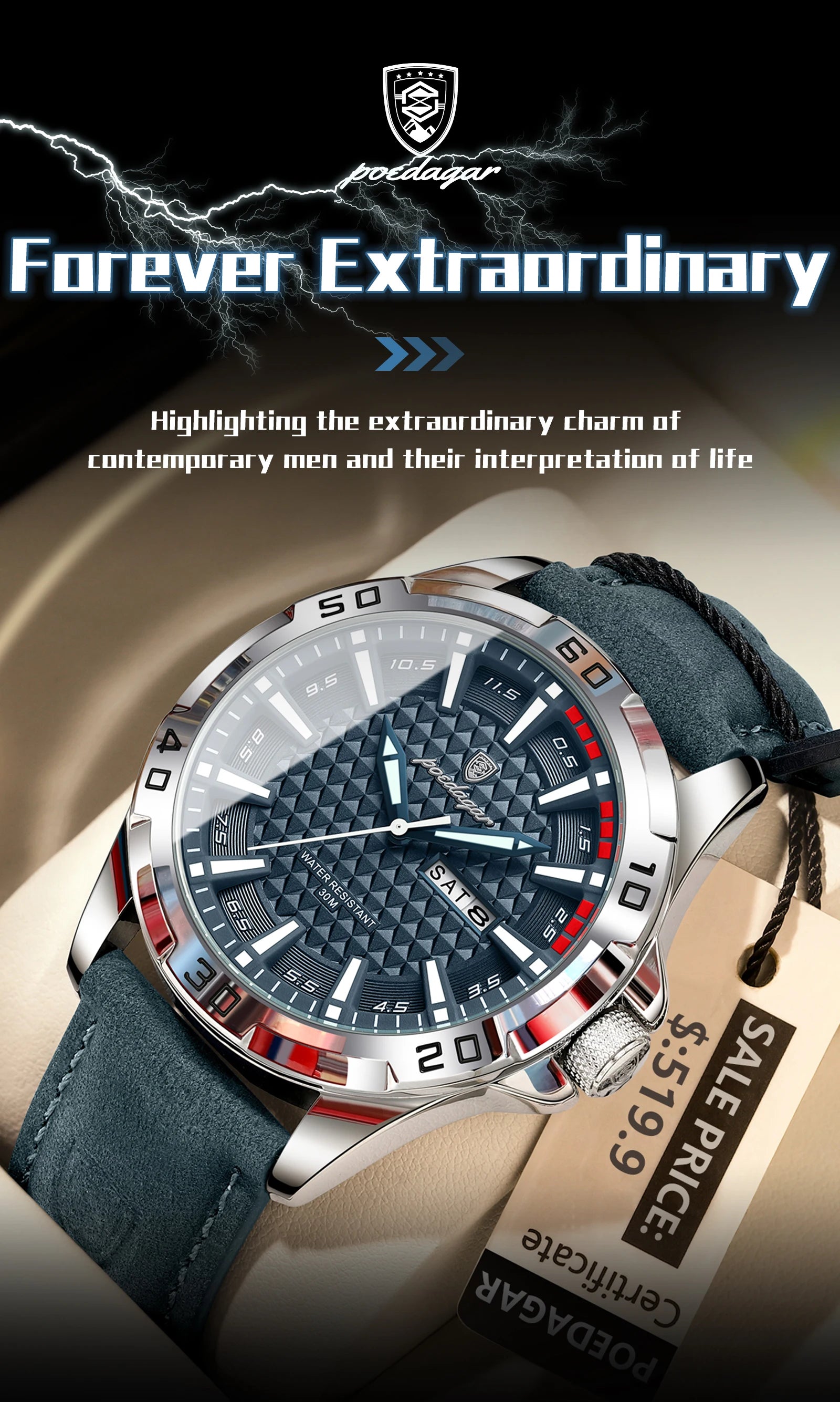 POEDAGAR Original Man Wristwatch Top Luxury Waterproof Luminous Date Week Watch For Men Quartz Sport Leather Men's Watches Reloj