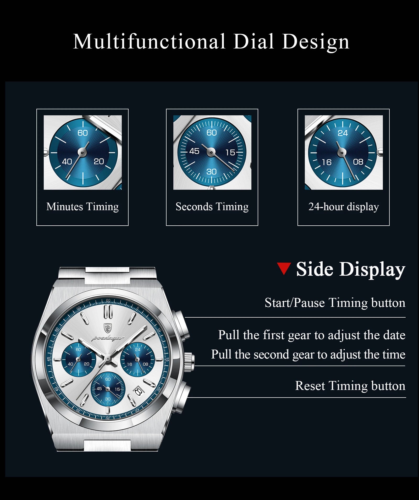 POEDAGAR Luxury Man Watch Chronograph Date Stainless Steel Sport Men Wristwatch Waterproof Luminous Fashion Quartz Men's Watches